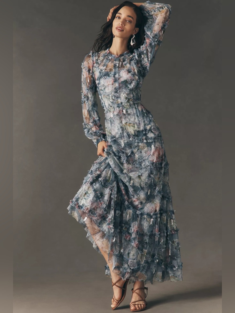 Anthropologie Mac DUGGAL Blue Floral Long Sleeve High Neck Ruffle Dress Gown